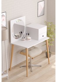 Resim Bicabin Elsa Aynalı Çekmeceli Organizer Dolaplı Ahşap Ayaklı Makyaj Masası -Beyaz 