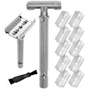 Resim Geeksen Razor Erkekler İçin Manuel Tıraş Jileti Çift Kenarlı Güvenlik Jileti Uzun Saplı Gümüş 