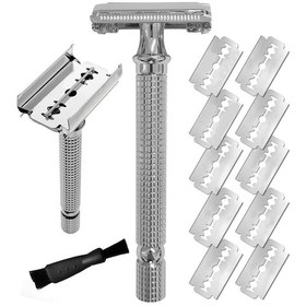 Resim Geeksen Razor Erkekler İçin Manuel Tıraş Jileti Çift Kenarlı Güvenlik Jileti Uzun Saplı Gümüş 