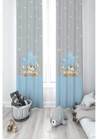 Resim Mekta Home Bebek Ve Çocuk Odası Yıldız Ve Ayıcık Desenli Mavi Çizgili 2 Kanat Fon Perde 