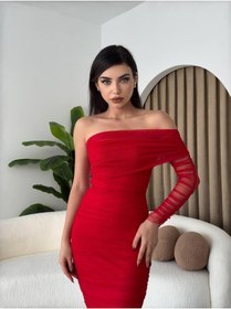 Resim Polack Tek Omuz Tül Elbise 