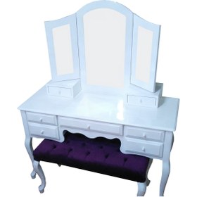 Resim BENGİ TİCARET Makyaj Masa 17954 Dresuar Klasik Kayın Aslan ayak Kanat ayna Benc beyaz El yapım 