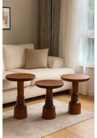 Resim Ahşap Mantar Sehpa 3 Lü Set Fındık Renk Doğal Zigon Sehpa Takımı Fındık 