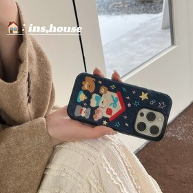 Resim 1 adet Kot Örgü Stili Kırmızı Ev + 3 Sevimli Köpek Yıldızlı Kemer Araba Doğum Günü Pastası Mavi Tüm İçeriği İçeren Cep Telefonu Kılıfı, 11/12Promax/13Pro/14Promax/15/16Pro için Uygun 