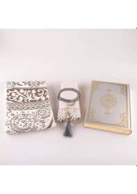 Resim Şal + Seccade + Tesbih + Kuran Hediye Seti Çanta Boy, Ekonomik Cilt, Gri 