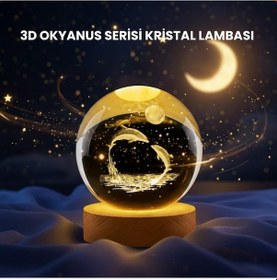 Resim Yunus Figürlü Led Kristal Küre Ahşap Standlı Dekoratif Gece Lamba 
