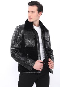 Resim Erkek Hakiki Piton ve Astrakhan Kürkünden Kaban/Kürk EDC132 (Standart Kalıp) - 3XL 