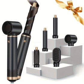 Resim 5-in-1 Sıcak Hava Şekillendirme Fırça Seti Saç Stilist 60000RPM Yükseltme Fırçası Kurutma Makinesi Sıcak Hava Fırçası Sol ve Sağ Otomatik Sarma Hava Kıvırıcı Çıkarılabilir Saç Şekillendirme Aracı İyonik Hacimlendirici Düzleştirici Siyah Altın, AB Fişi 