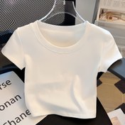 Resim Kadın Beyaz Kısa Kollu Crop Top - "Chance" Baskı, Rahat Yaz T-Shirt, Skinny Fit, Yuvarlak Yaka, Rahat Giyim|Crop Top|Esnek Kumaş 