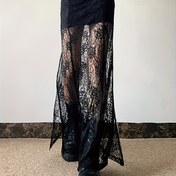 Resim Kadınların Seksi Siyah Dantel Panelli Yarı Şeffaf Yüksek Bel Uzun Etek - Kontrast Dantel Detaylı Nefes Alabilir Yazlık İnceltici Midi Etek, Orta Esneklik ve Makinede Yıkanabilir, Yüksek Bel Etek 