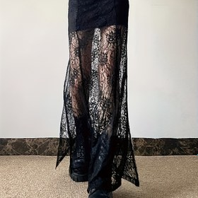 Resim Kadınların Seksi Siyah Dantel Panelli Yarı Şeffaf Yüksek Bel Uzun Etek - Kontrast Dantel Detaylı Nefes Alabilir Yazlık İnceltici Midi Etek, Orta Esneklik ve Makinede Yıkanabilir, Yüksek Bel Etek 
