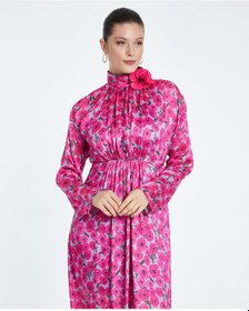 Resim Serpil Exclusive Çiçek Desenli Kadın Elbise - Yırtmaçlı - Yakası Çiçek Detaylı - Modern Ve Şık - Özel Gün Ve Davetler İçin Elbise Fuşya 