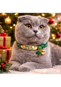 Resim Sabit Künyeli İsimli Kedi Tasması, Güvenlik Kilitli Kedi Tasması, İsimli Kedi Tasması Zımbalı Model Yonca Desenli 