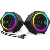 Resim Pc Hoparlörler, USB Bilgisayar Hoparlörler 10 W Stereo Oyun Hoparlör Sistemi ile Renkli LED Aydınlatma Masaüstü Dizüstü (Siyah) 