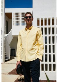 Resim Grımelange Perttu Erkek %100 Pamuk Slim Fit Dar Kesim Düğmeli Yaka Keten Görünümlü Flamlı Sarı Gömle Sarı 