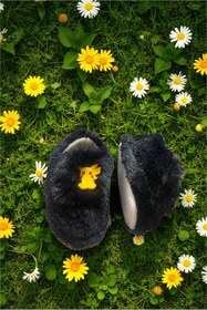 Resim ALTUNTAŞ Kız - Erkek Pikachu Baskılı Kışlık Mevsimlik Peluş Ev İçi Kaymaz Panduf Siyah 