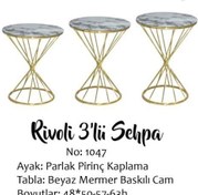 Resim Bengi Brc RİVOLİ Model Zigon Beyaz Mermer Temper Cam Metal Transmisyon Çelik gold renk Kaplama El Yapım 