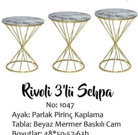 Resim Bengi Brc RİVOLİ Model Zigon Beyaz Mermer Temper Cam Metal Transmisyon Çelik gold renk Kaplama El Yapım 