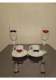 Resim Dudak Bıyık Kahve Fincanı Ve Su Kadehi Seti 