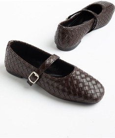 Resim Dilimler Ayakkabı Kadın Babet Kahverengi Hasır Baskılı Deri Baretli Küt Burun-4637 Kahverengi 
