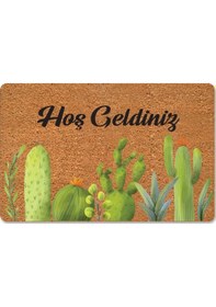 Resim Renkli Kaktüsler Temalı Coco Görünümlü Dekoratif Kapı Önü Ve Iç Mekan Paspası Yıkanabilir Nem Alıcı Sarı 