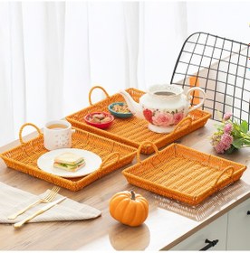 Resim Porsima 709a Kare 3'lü Hasır Tepsi Dekoratif Sunum Servis Tepsisi 