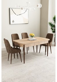 Resim Mabel Meşe Desen 80x132 Açılabilir Yemek Odası Takımı 4 Adet Sandalye Kahverengi 