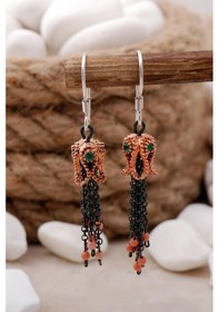 Resim Laleli Kök Zümrüt Taşlı Püsküllü Gümüş Küpe 5651 