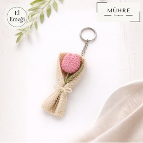 Resim mühre Mini Çiçek Buketi Lale Anahtarlık Charm Hediyelik %100 Pamuklu Organik Amigurumi Örgü 