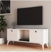 Resim 120 Cm Beyaz Tv Sehpası Siyah Düğme Kulplu 