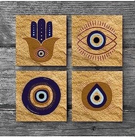 Resim Fatma Ana Eli (Hamsa), Nazar Taş Bardak Altlığı Seti - 4 Parça - Dekoratif, Rustik Mutfak Aksesuarı, 10x10 cm, Kaydırmaz Tabanlı, Şık ve Dayanıklı SC246 