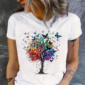Resim Kelebek Baskılı Crew Neck T-Shirt, Bahar ve Yaz için Rahat Kısa Kollu T-Shirt, Kadın Giyim 