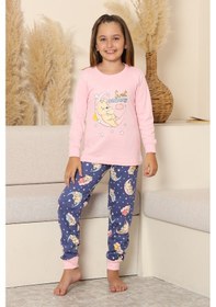 Resim Kız Çocuk %100 Pamuk İnterlok Kumaş Pijama Takımı 6-15 Yaş 12421 Pembe 