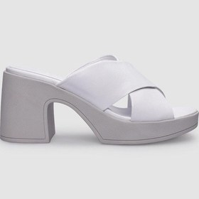 Resim %100 Hakiki Deri Beyaz Kadın Topuklu Terlik Beyaz 