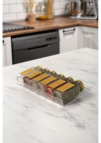 Resim 6'lı Şeffaf Pleksi Standlı Cam Baharatlık Seti Gold Kapaklı Etiketli Baharatlık Mh02gld06 Gold - Şeffaf 