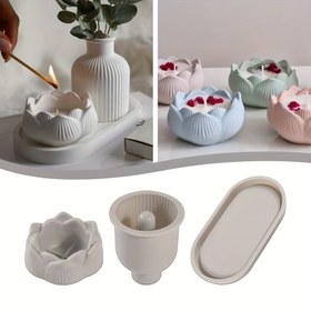 Resim 3 adet Şık Yeniden Kullanılabilir Silikon Tepsi, Vazo ve Lotus Mum Kalıbı Kiti DIY Reçine Mum El Sanatları için - Alçı ve Beton için İdeal, Mükemmel Ev Dekorasyon Mumları, Ev Dekorasyon Mumları | Lotus Tasarımı | Dayanıklı Silikon 