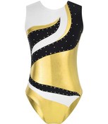 Resim Altın Çocuklar Kız Bale Dans Leotard Spor Jimnastik Egzersiz Bodysuit Kolsuz Taklidi Kontrast Renk Balerin Eğitim Kostüm Altın 