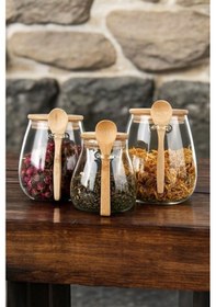 Resim Tombul 3 Lü Borosilikat Cam Bambu Kapaklı Kavanoz Baharatlık Seti 350 -600-1000 Ml Şeffaf 