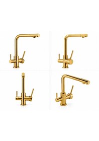 Resim 3 Yollu Musluk Su Arıtma Musluğu Gold Üç Yollu Çoklu Musluk Altın Rengi Mutfak Bataryası 