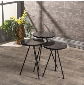 Resim Zigon Sehpa 3 Lü Metal Ayak Siyah Mermer Desen 