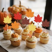 Resim 24 adet Şükran Günü Sonbahar Temalı Kek Pinleri, Bambu Glitter Maple Leaf Kek Süslemeleri, Sonbahar Sezonu Günü Kek Süslemeleri, Tatil Partileri ve Kutlamalar için Sonbahar Kek Süslemeleri 