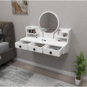 Resim Arnetti Polina Çekmeceli Raflı Duvara Monte Aynalı Makyaj Masası, Beyaz - Polina 