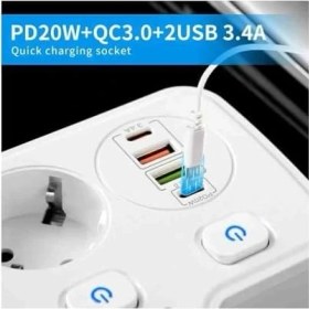 Resim Akım Korumalı 2x USB ve 2x Type-C Portlu 3 Anahtarlı Ikili Priz Hızlı Şarj Özellikli Duvar Tipi Kısa Kablolu 2li Priz 