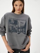 Resim Şardonlu Baskılı Sweatshirt Rahat Kalıp Bisiklet Yaka Uzun Kollu 