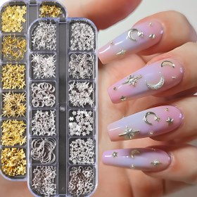 Resim 12 Izgara Gümüş Altın Metal Tırnak Süsleri Yıldızlar Ay Kalp Perçinler Tırnak Sanatı Dekorasyonları Japon Tarzı 3D Alaşım Tırnak Çivileri Takılar Manikür DIY Sanat Dekorasyonları 