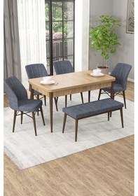 Resim Arel Meşe 80x132 Açılabilir Mdf Masa Yemek Odası Takımı, Mutfak Takımı 4 Adet Sandalye, 1 Bench Meşe Masa - 4+1 Füme - Ceviz Ayak 