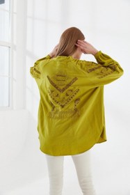 Resim Dadali Etnik Nakışlı Oversize Keten Kimono Yağ Yeşili 
