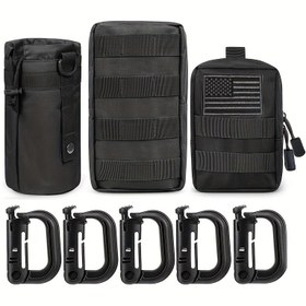 Resim 3'lü Paket Molle Kılıfı Su Şişesi Tutucu, Kompakt Utilite EDC Bel Çantası Seti - 5 D Tokası ve 1 Amerikan Bayrağı Rozeti Dahil 
