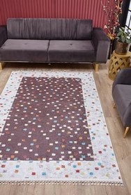 Resim Kornik Kahverengi MadalyonModern Geometrik Etnik Desenli Boho Makinada Yıkanabilir Hav Toz Vermez Leke Tutmaz Kaymaz Taban Dijital Makine Baskı Halı Oturma Odası Salon Yolluk Koridor Mutfak Halısısı 