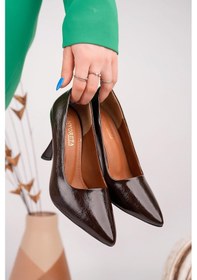 Resim Nesilshoes Nesil Shoes Senyo K72 Kahve Rugan Baskı Topuklu Kadın Stiletto 